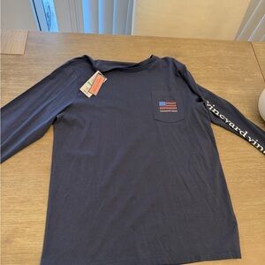 Vineyard Vines Navy Long Sleeve Tee with Flag Pocket